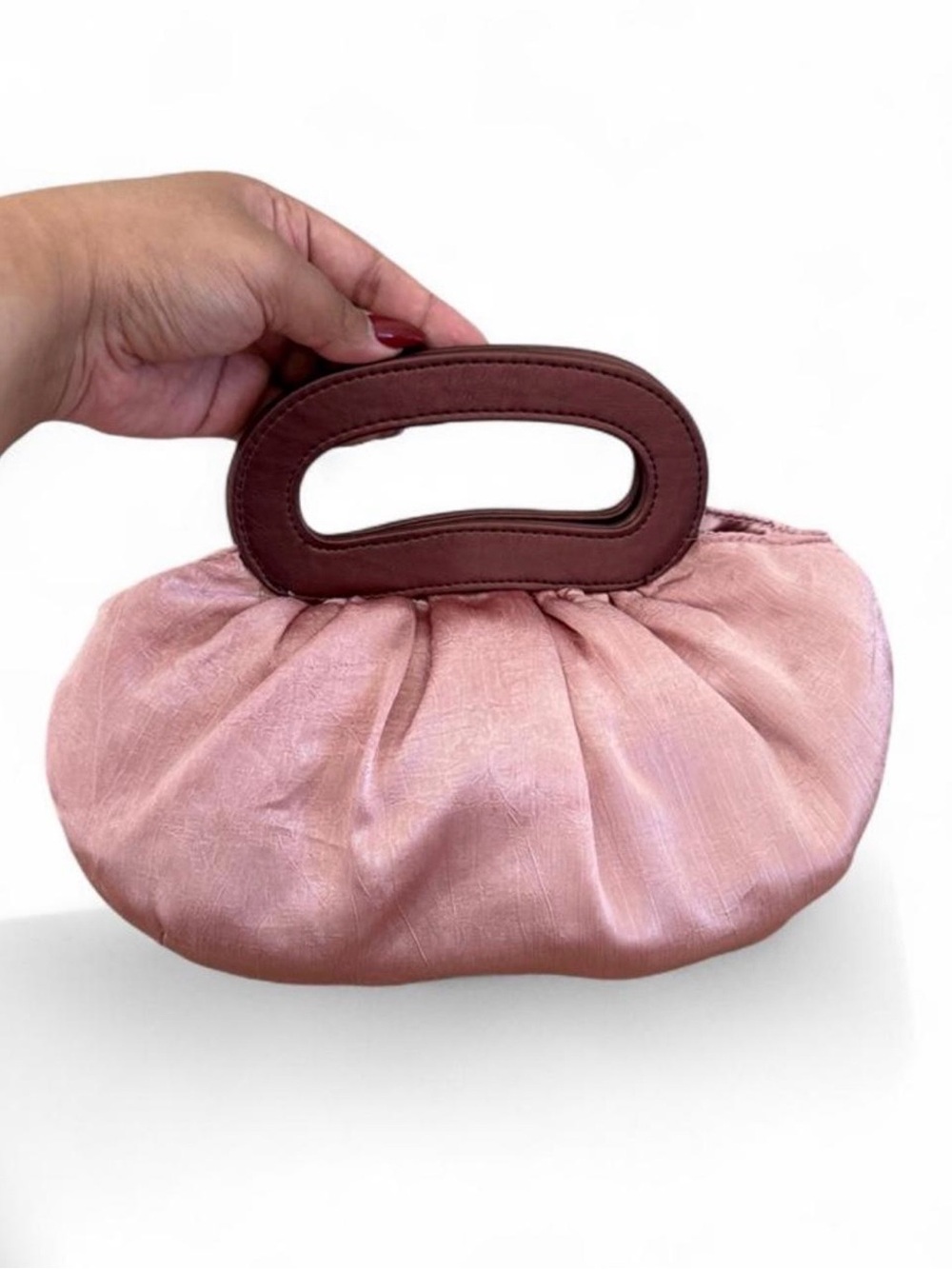 Avon Blush Pink Gathered Clutch with Brown Cutout Handle
